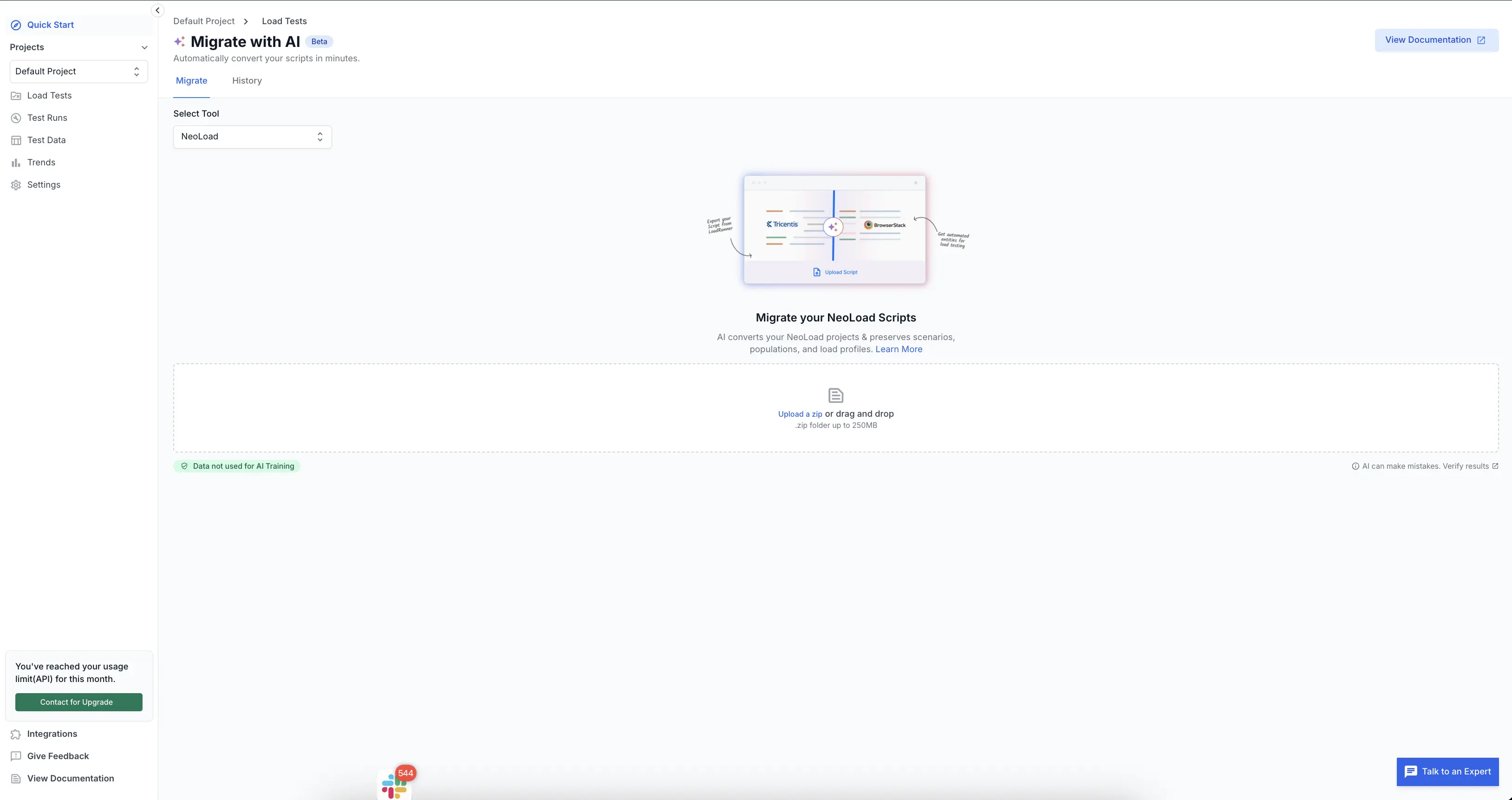Migrate with AI upload screen with NeoLoad selected as the source tool.