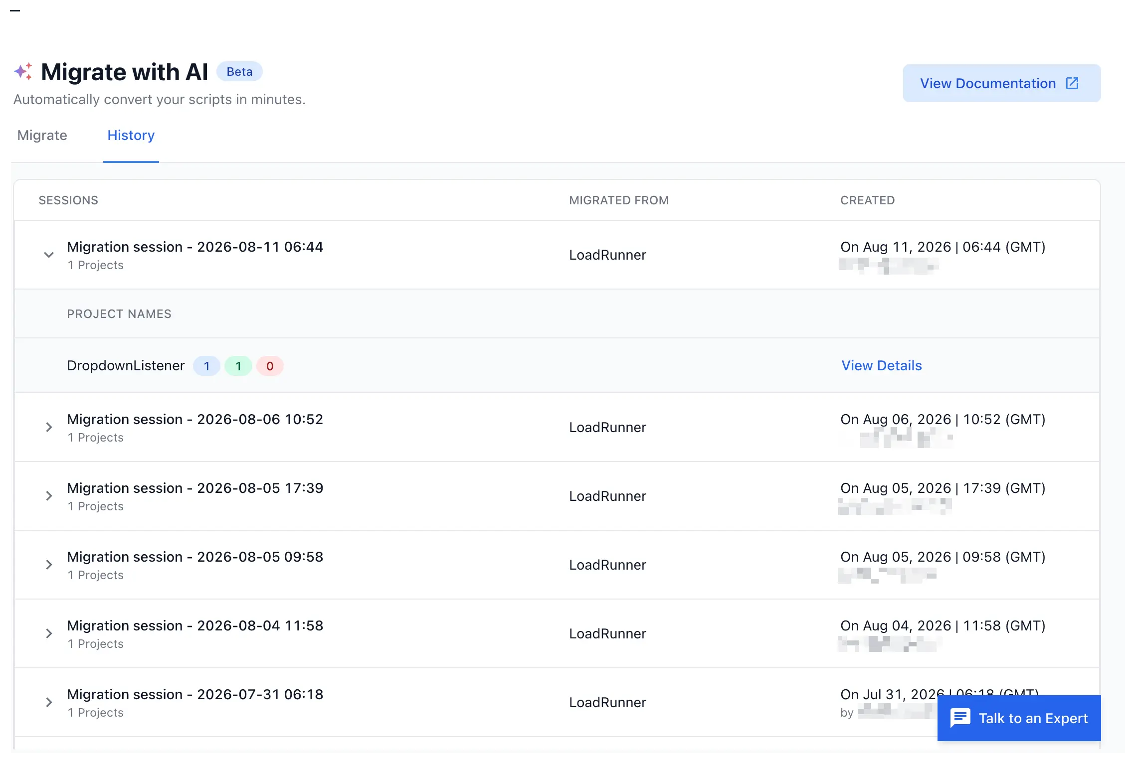 The History tab showing migration sessions with source, project names, and conversion counts.