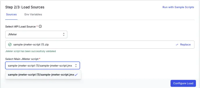 Screenshot of uploaded JMeter scripts in the load testing UI builder