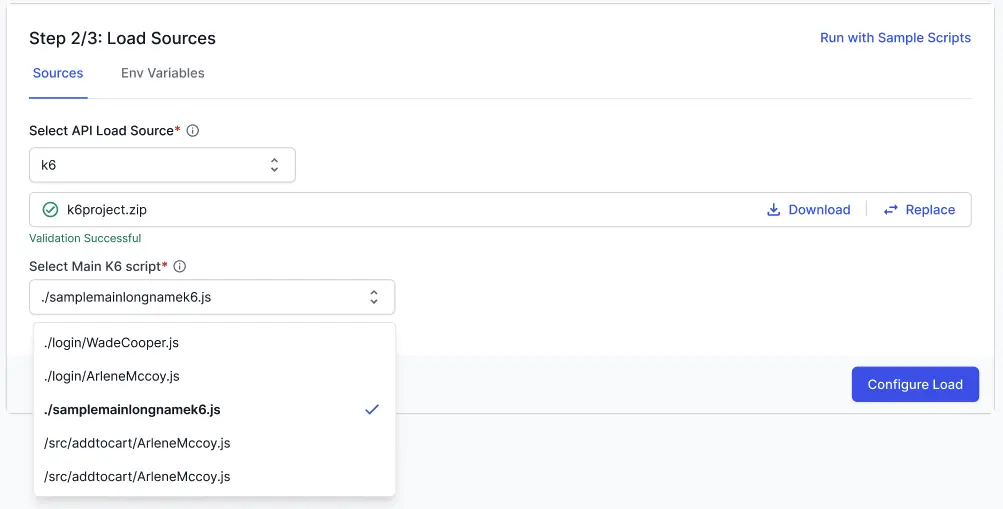 Screenshot of uploaded k6 scripts in the load testing UI builder
