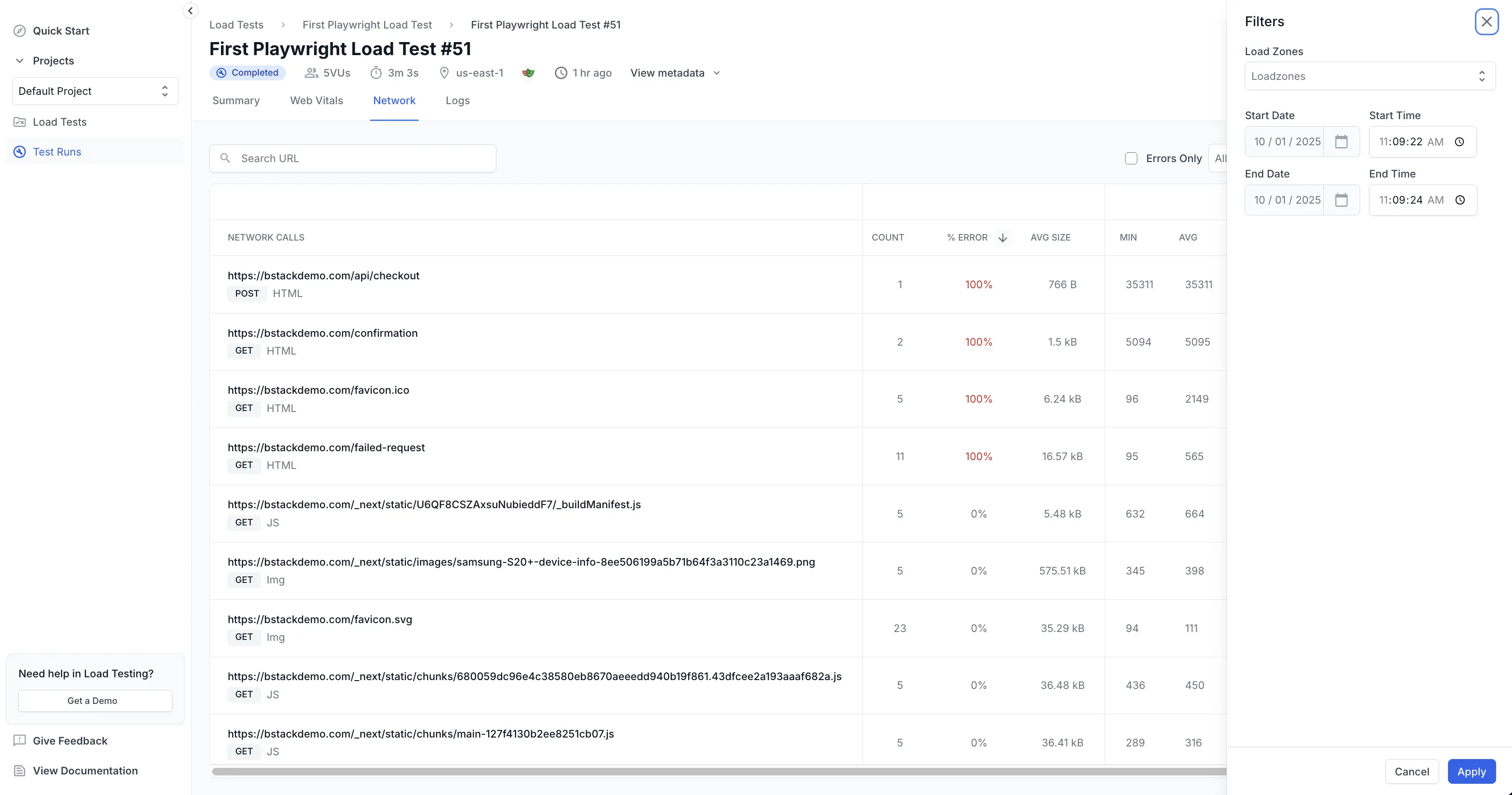 Load Testing dashboard showing the network tab with filters