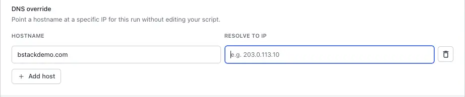 A DNS override row filled with the hostname api.staging.example.com and the IP address 203.0.113.42.