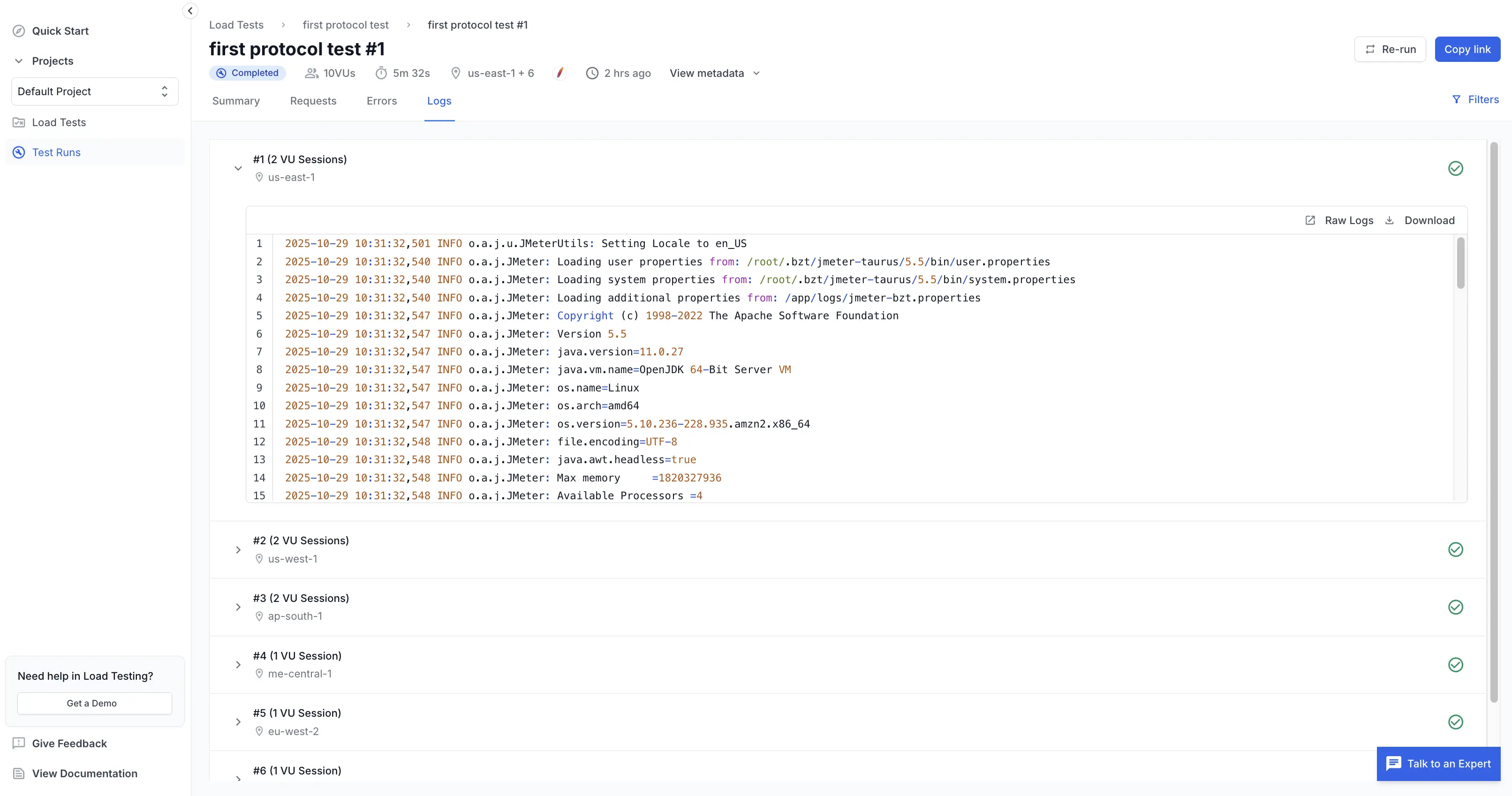 Logs tab showing accordion of VU sessions and expanded log panel with raw JMeter startup lines