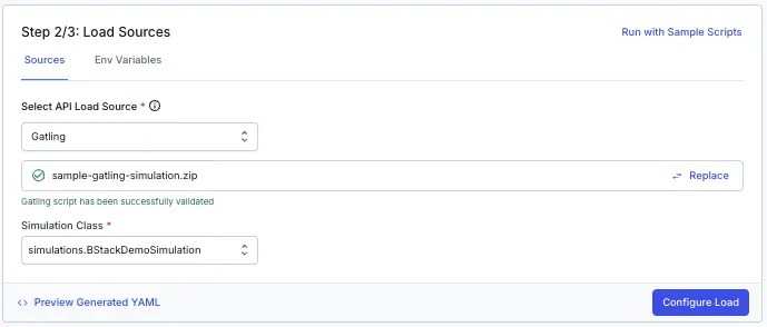 Screenshot of load testing dashboard asking to add Gatling scripts for load testing