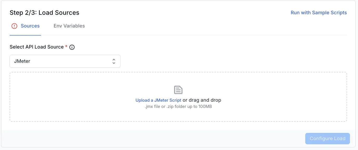 Screenshot of load testing dashboard asking to add scripts for load testing