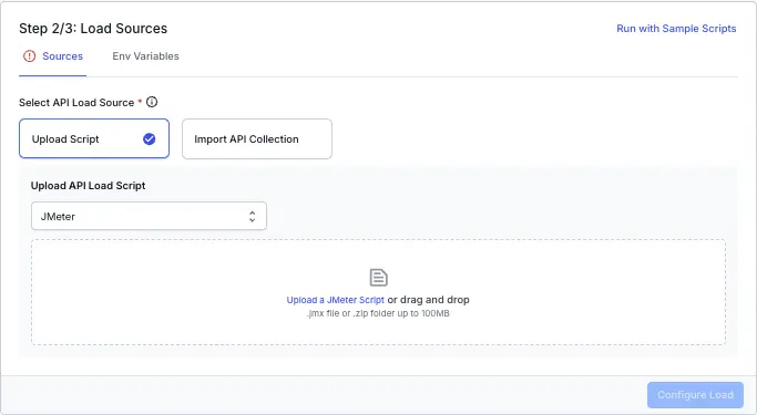 Screenshot of load testing dashboard asking to add scripts for load testing