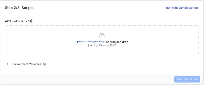 Screenshot of load testing dashboard asking to add scripts for load testing