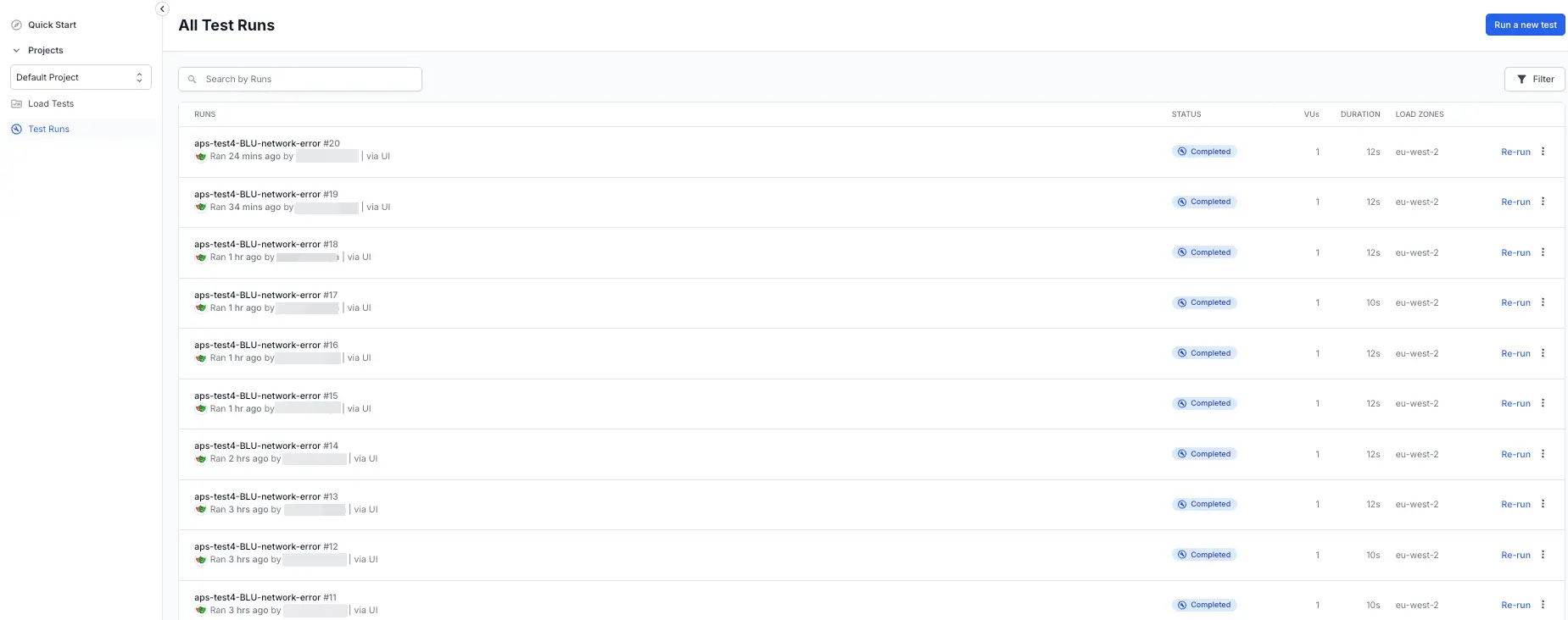 Load Testing dashboard showing the metadata section expanded