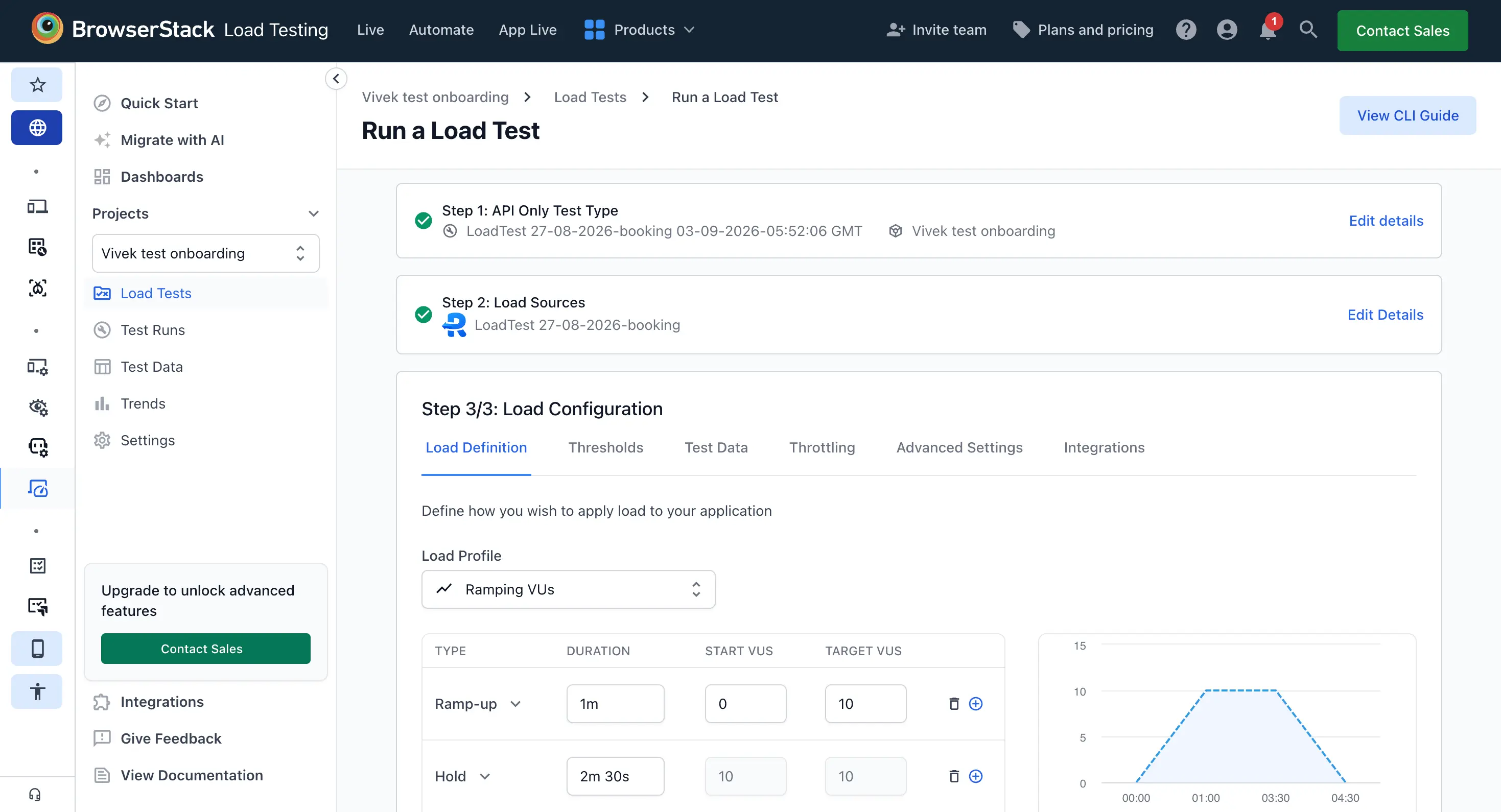 Load Testing wizard with test name and source collection prefilled