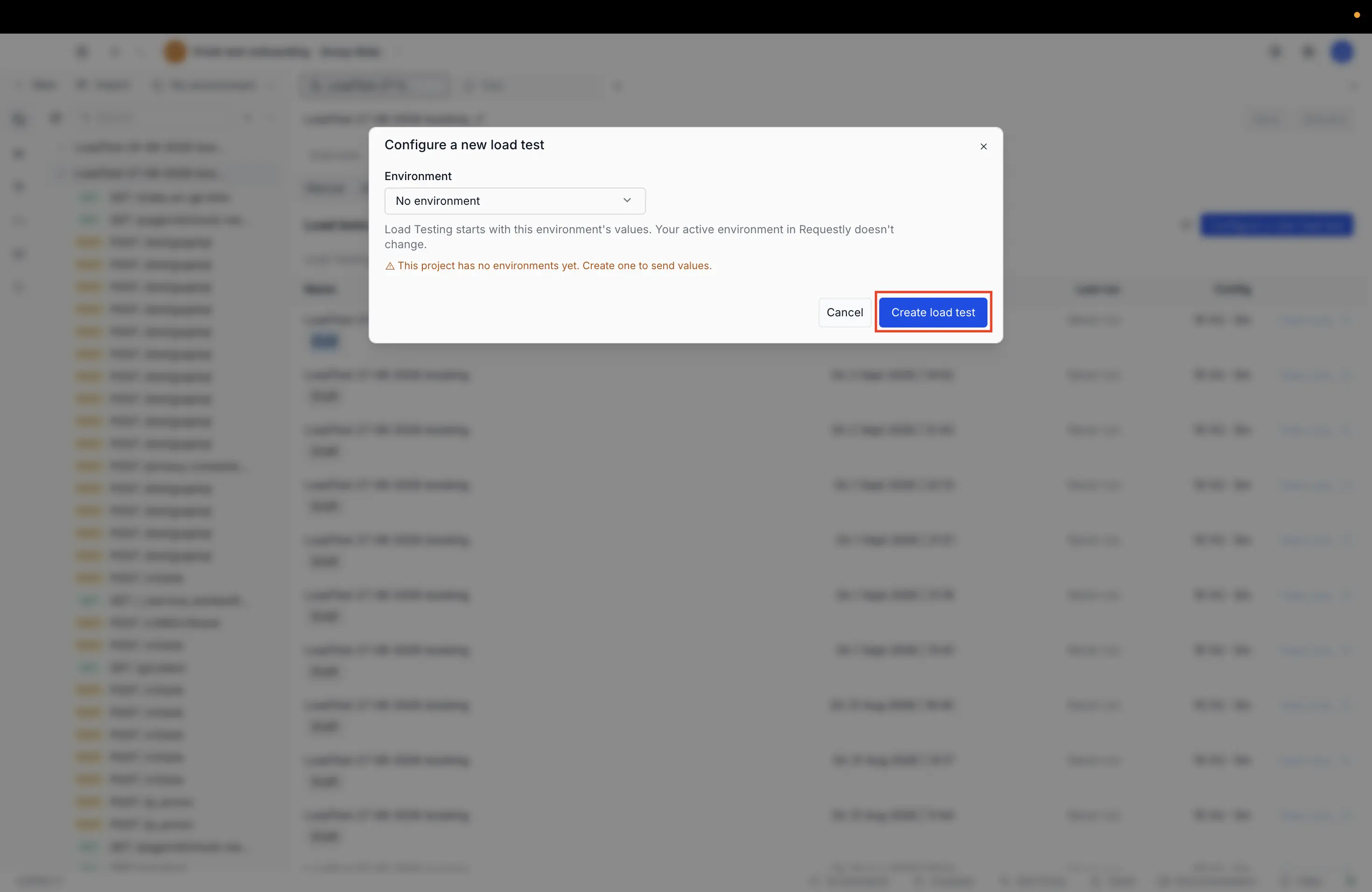 Configure a new load test dialog with environment selection