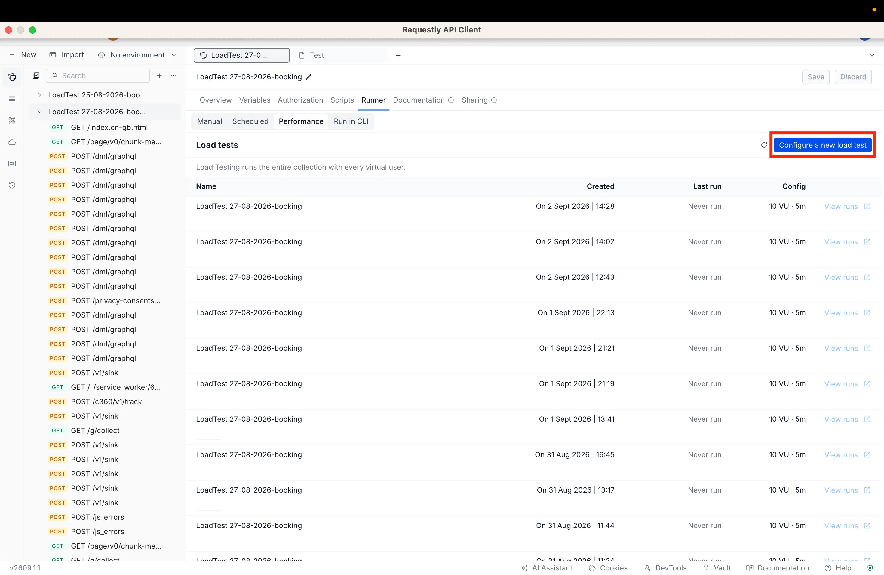 Requestly collection screen with the Configure a new load test button highlighted