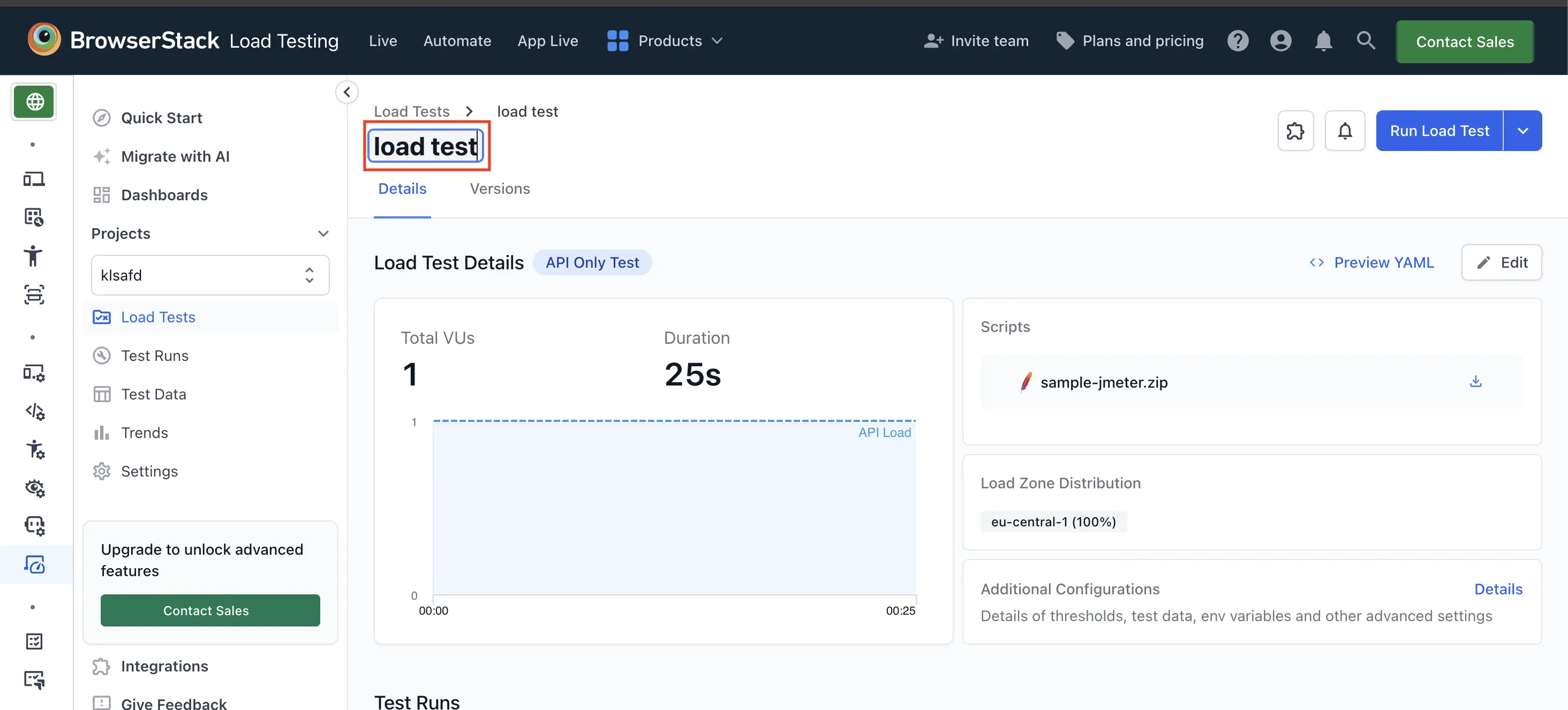 Load test details page with the test name in an editable field above the Details and Versions tabs