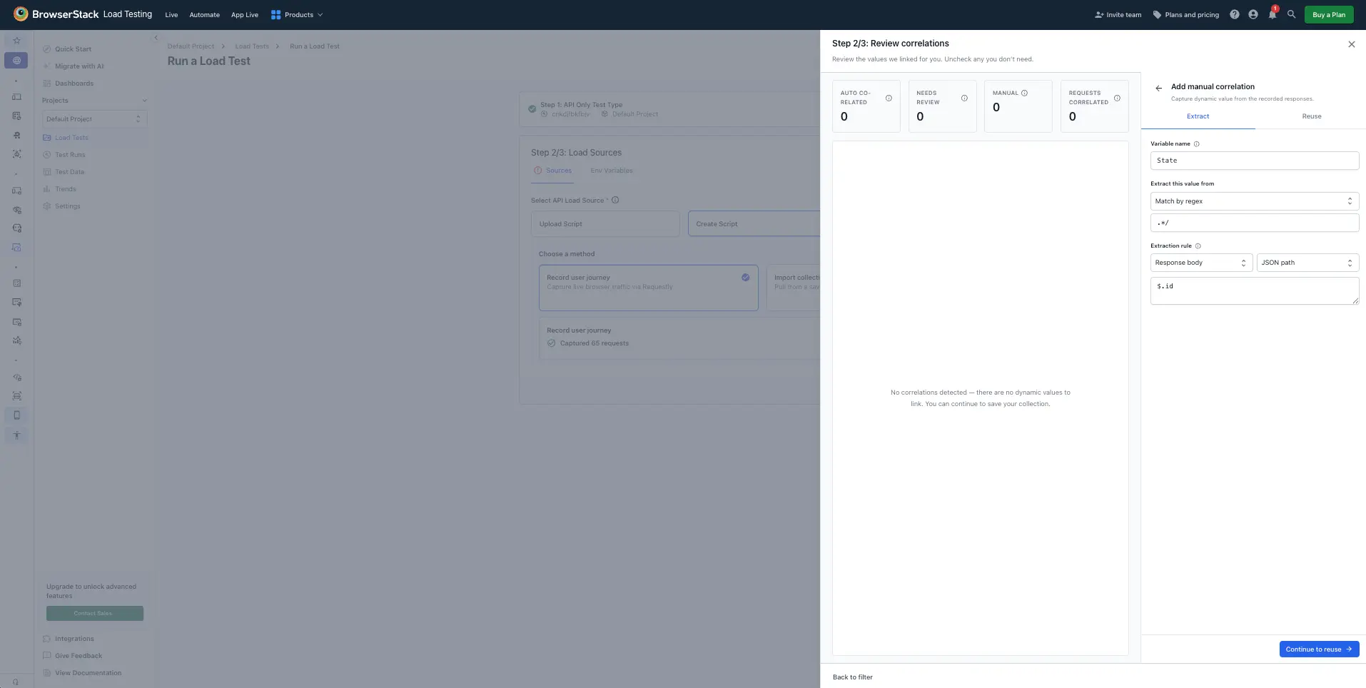 The Add manual correlation panel's Extract tab with variable name, extraction source, and extraction rule fields