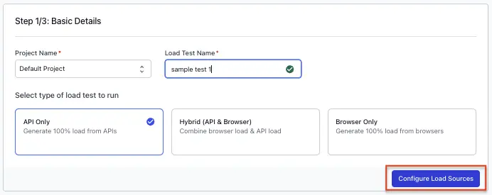Basic Details step with API Only selected as the load test type