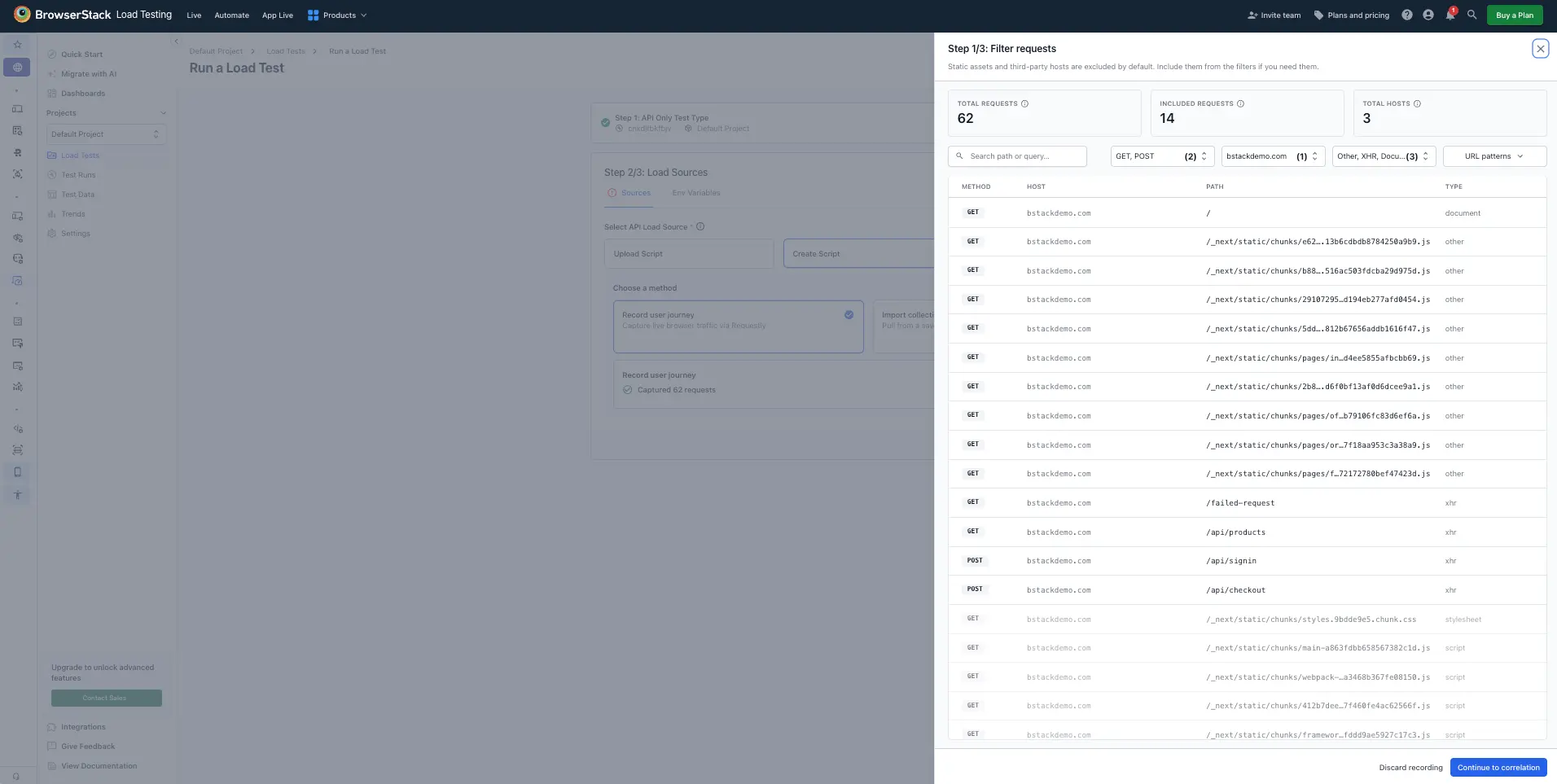 The Filter requests screen with Method, Host, and Type dropdown filters, a live included-request count, and the Continue to correlation button