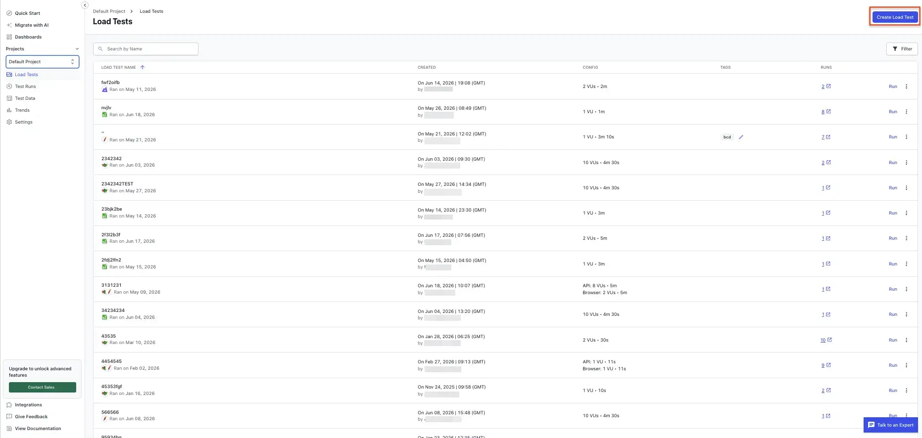 The Create Load Test button on the Load Tests dashboard