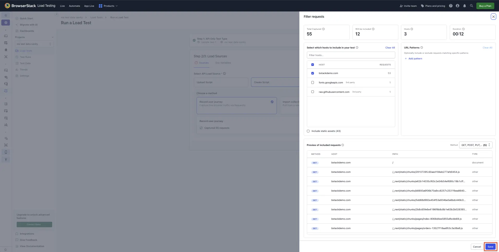 The Filter requests screen with host selection, a static assets toggle, and a live included-request count