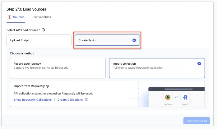 Load Sources step with Create Script and the Record user journey method selected