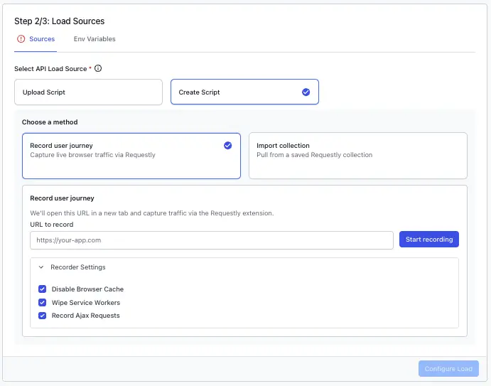 Recorder Settings with Disable Browser Cache, Wipe Service Workers, and Record Ajax Requests selected