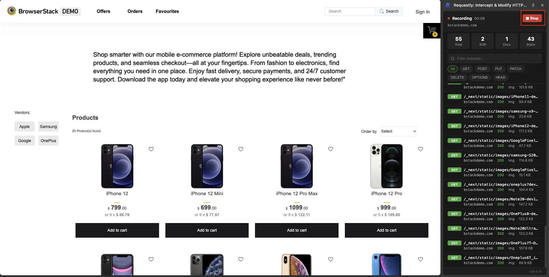 The demo app in a new tab with the Requestly extension recording network traffic