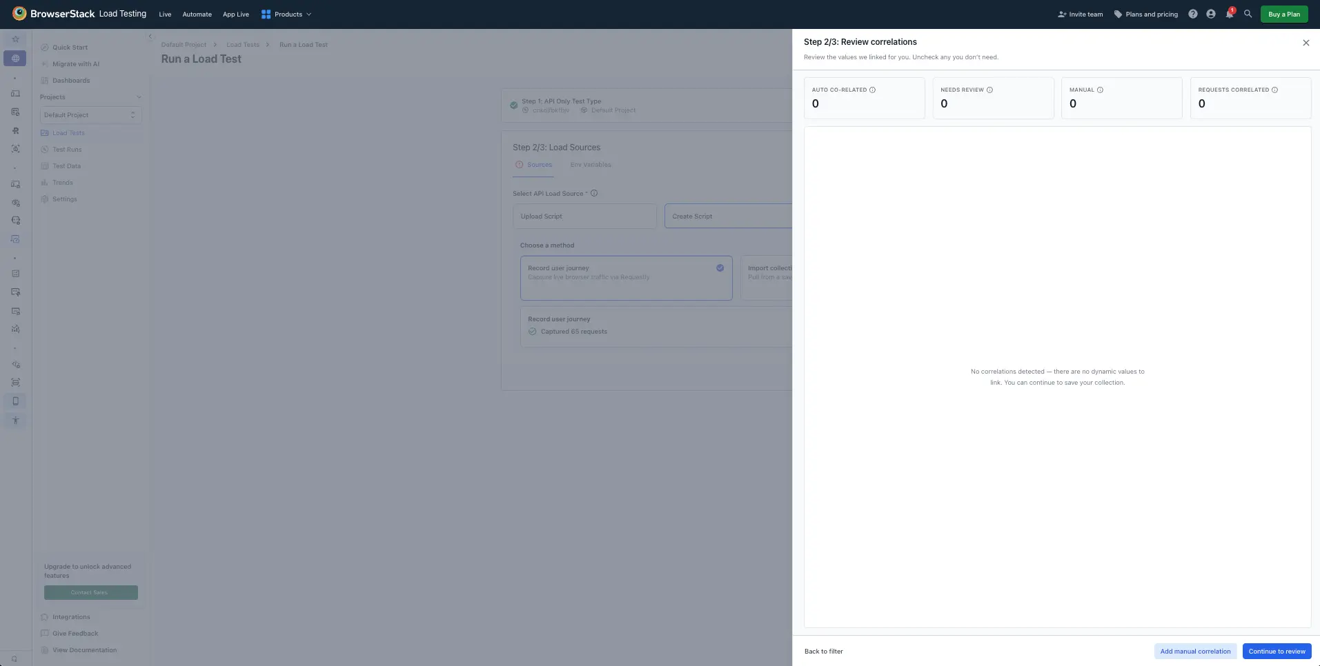 The Review correlations screen with Auto co-related, Needs review, Manual, and Requests correlated summary tiles