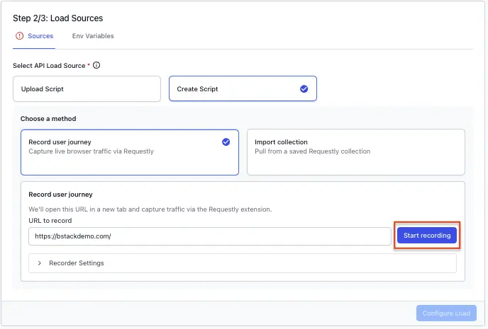 URL to record field, Recorder Settings, and the Start recording button