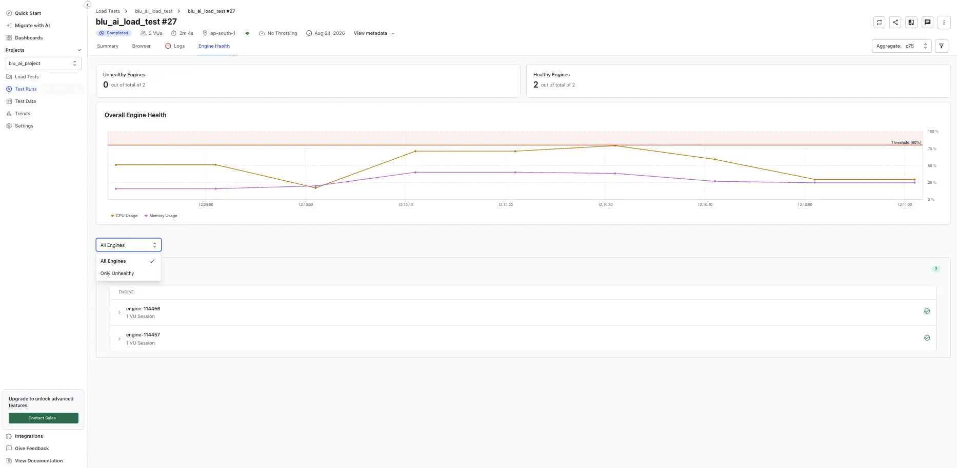 Engine Health tab showing the engine list, unhealthy filter, region filter, and CPU/memory time-series chart