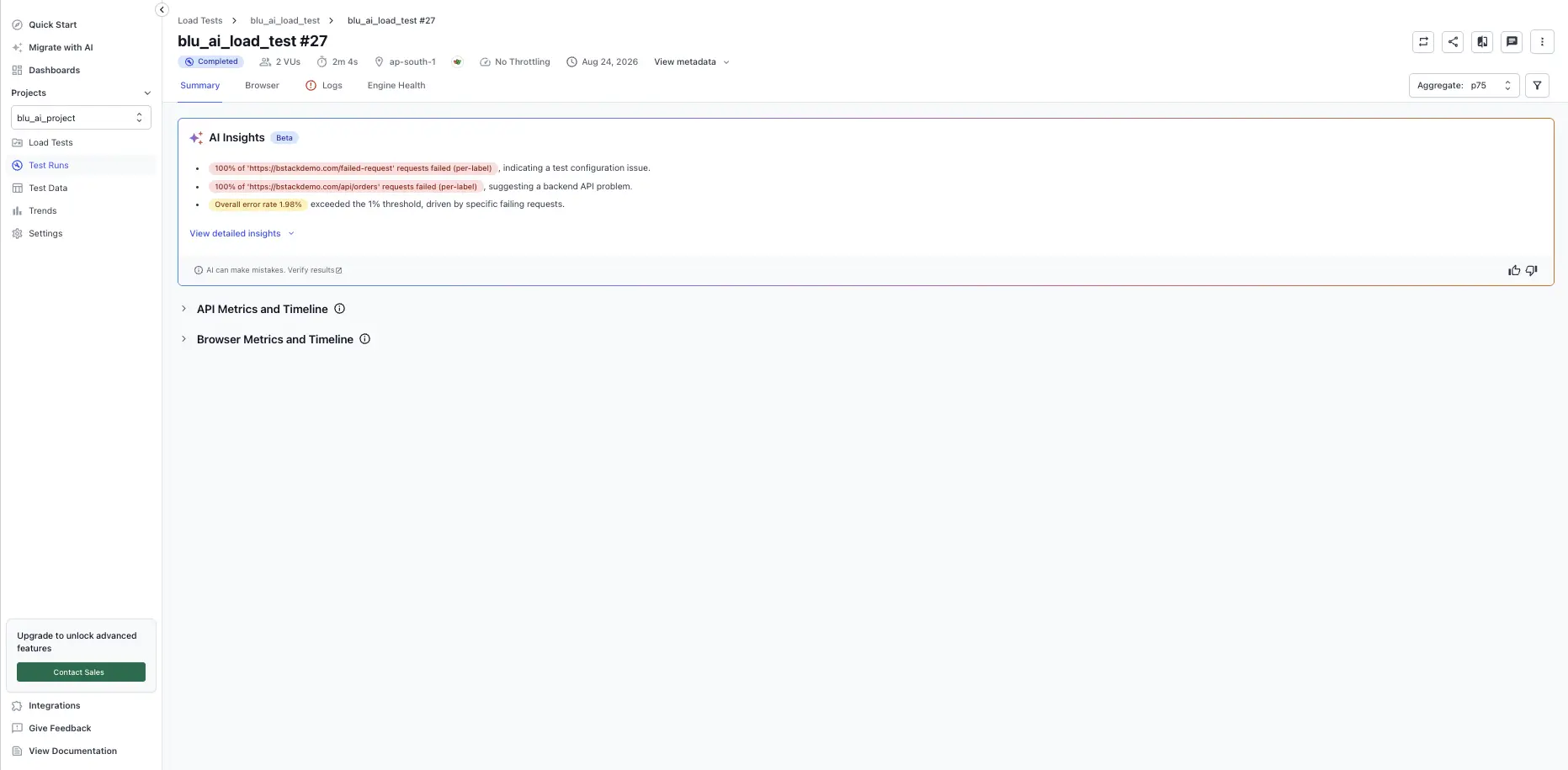 Browser Load Testing report header showing test metadata and action controls