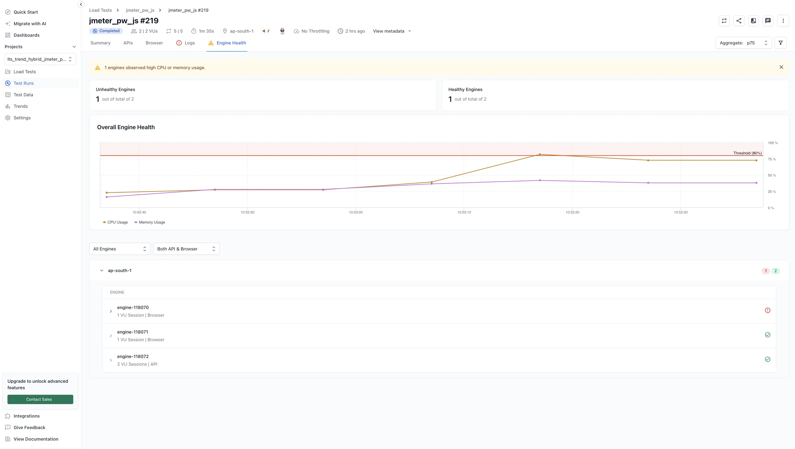 Engine Health tab showing engine health overview and CPU/memory time-series chart