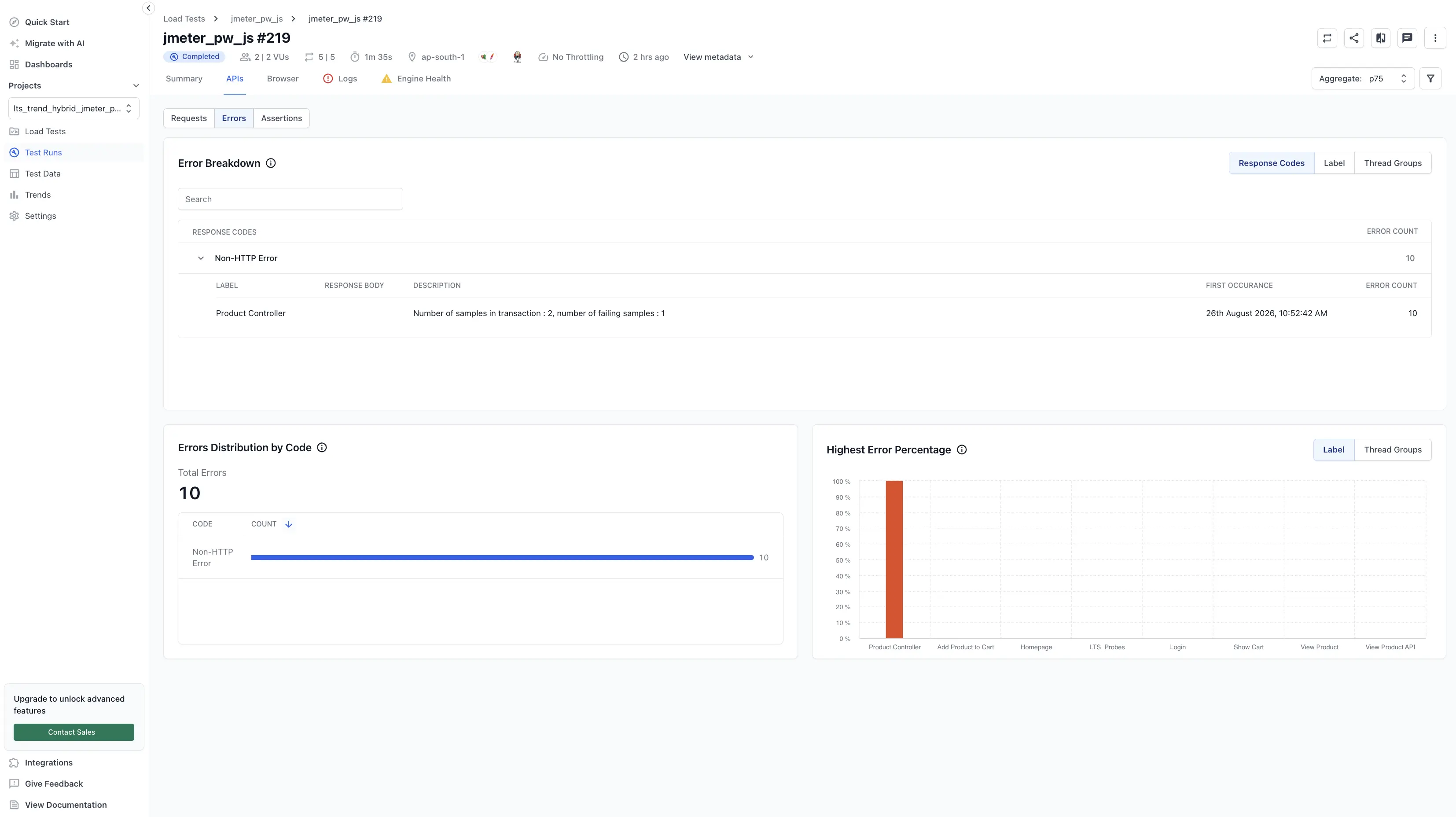 Hybrid API errors showing error distribution and breakdown
