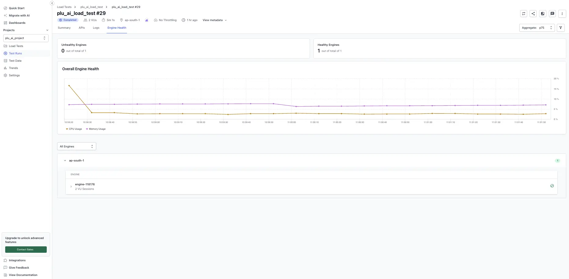 Protocol Engine Health tab showing the engine list, unhealthy filter, region filter, and CPU/memory chart