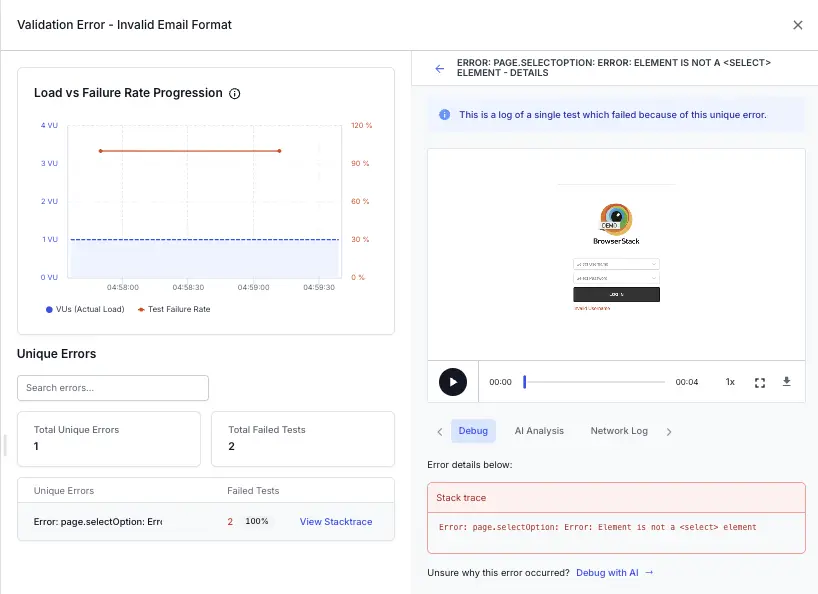 Stacktrace view for a failed test with its session recording, stack trace, and Debug, AI Analysis, and Network Log tabs