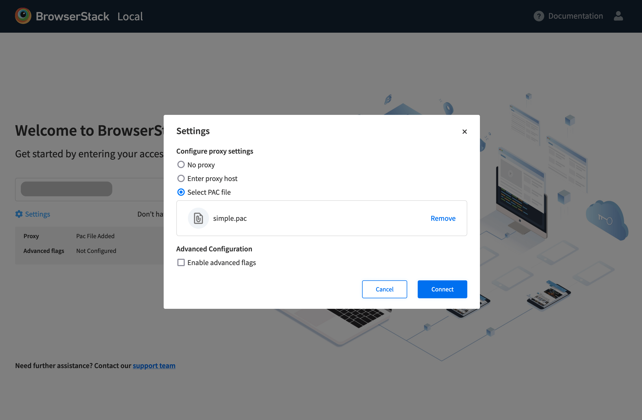 Screenshot showing how to add pac file