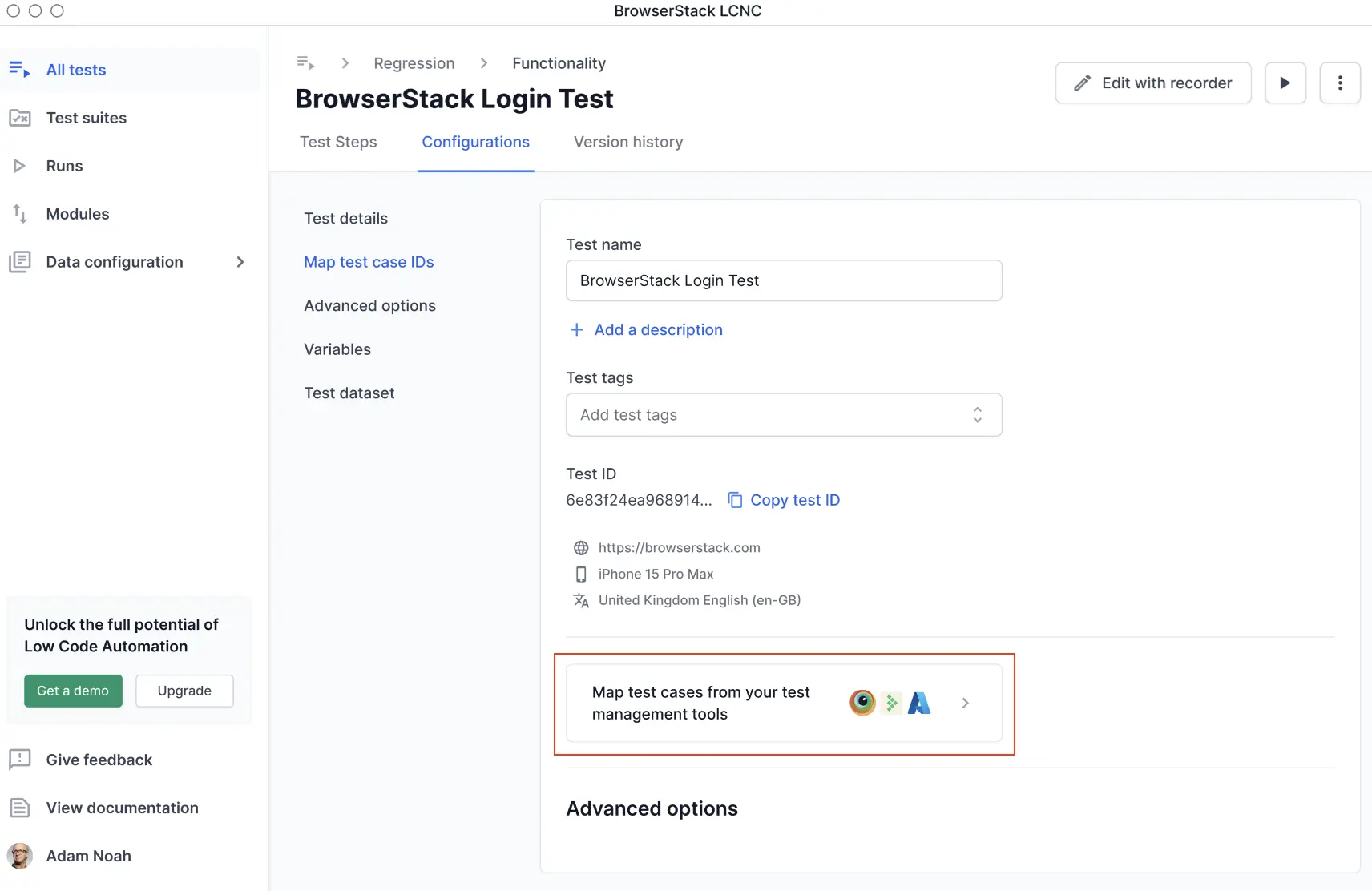 Test details and configurations tab in BrowserStack Low Code Automation, showing test name, tags, and Map test case IDs option.