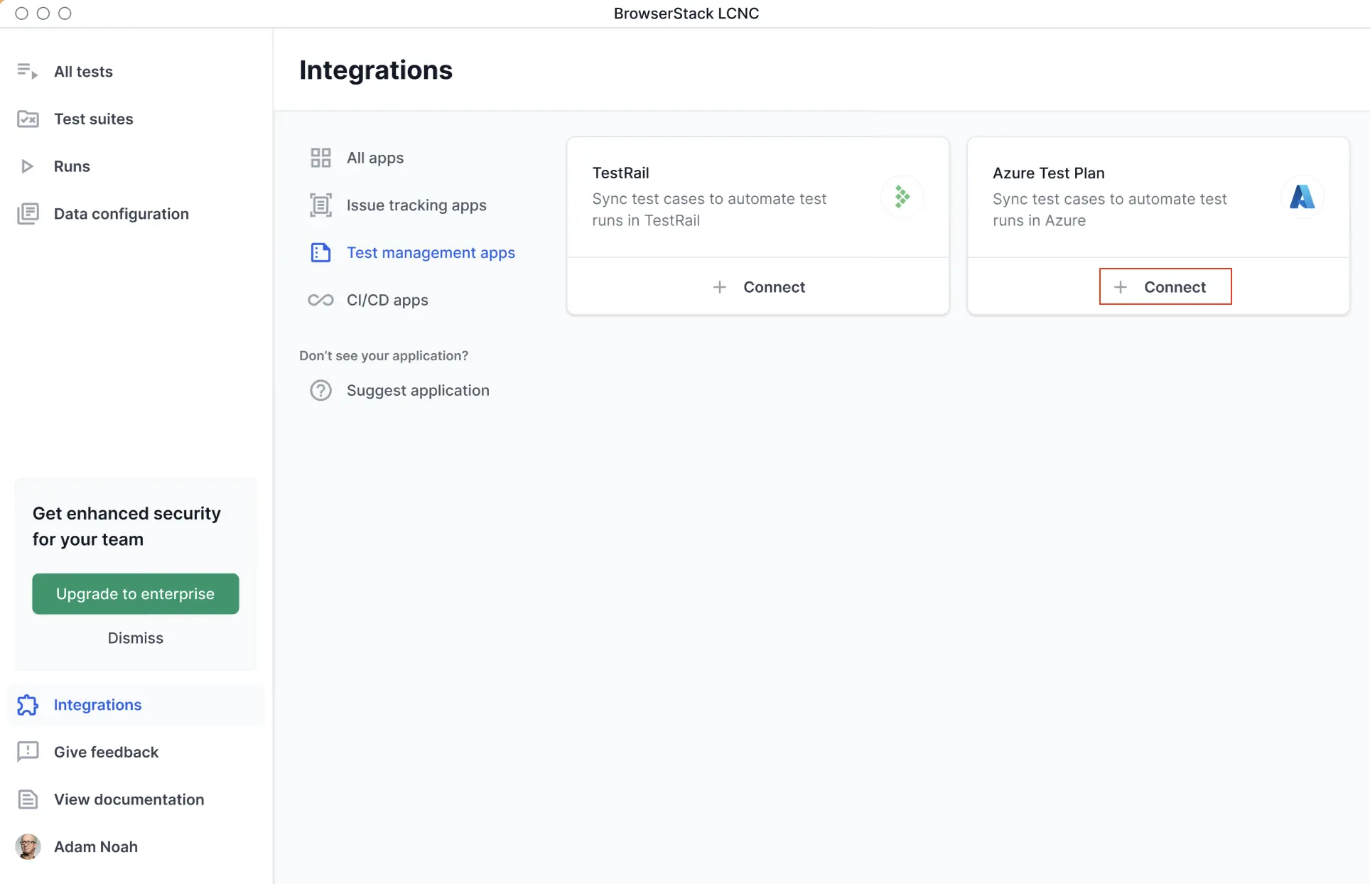 Connect Azure Test Plan from the integrations page.