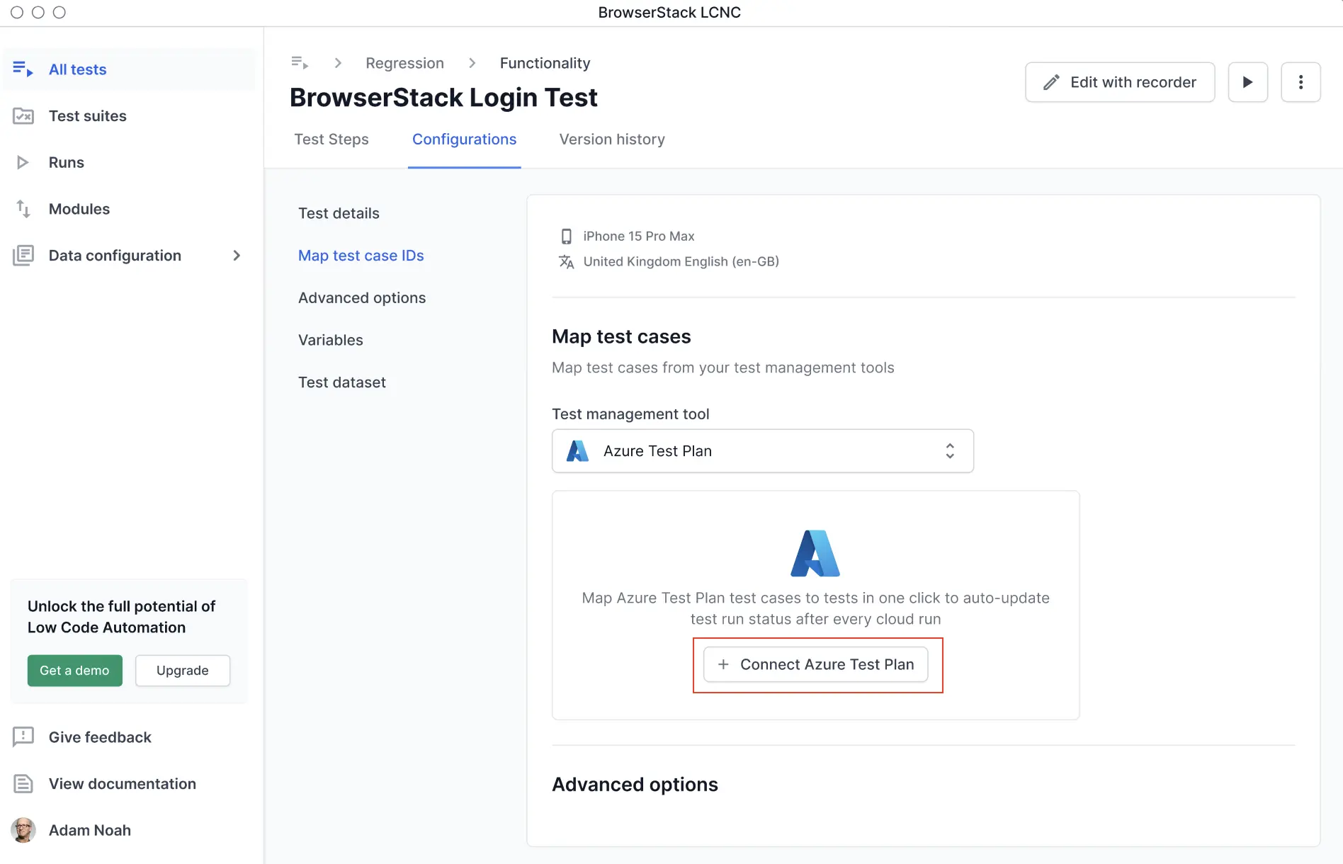 Integration dialog showing options to connect Azure Test Plan using OAuth or Personal access token.