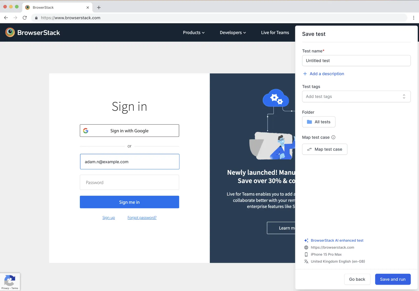 Azure Test Plan mapping option in the recorder interface, showing integration controls and mapping settings.