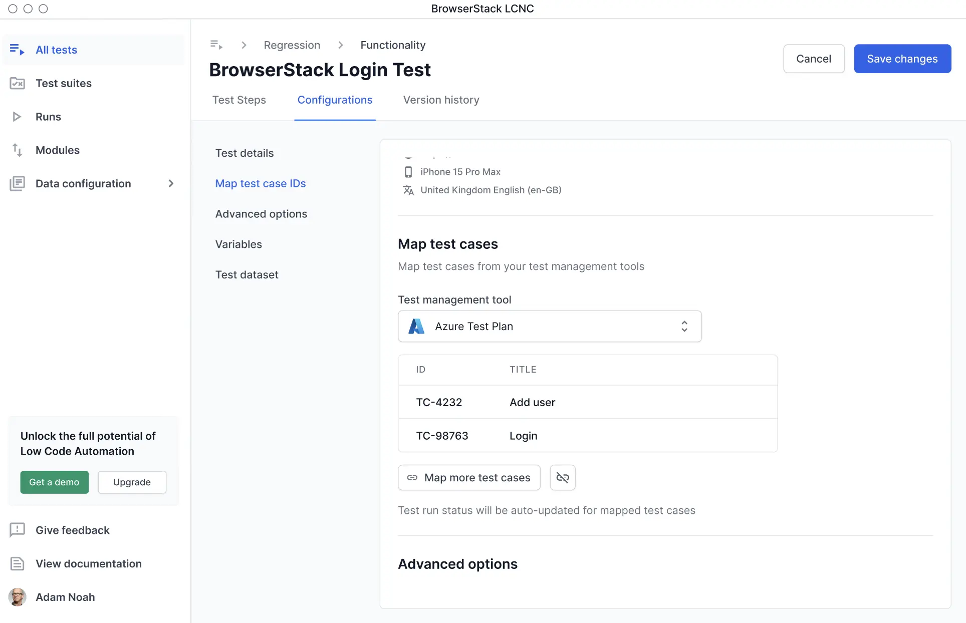 Mapped test cases listed in the configurations panel, showing Azure Test Plan IDs and titles.