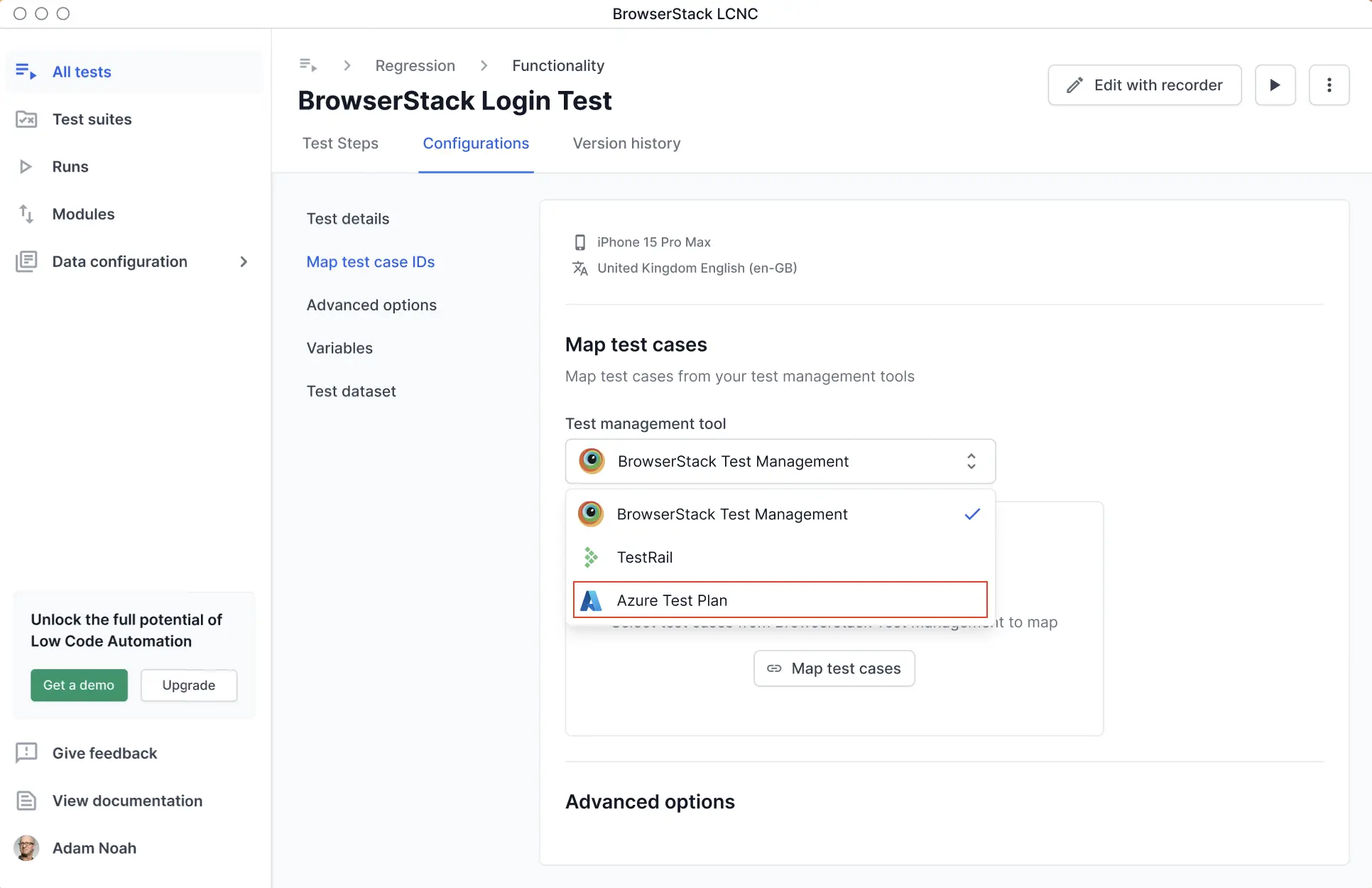 Test management tool dropdown with Azure Test Plan selected, and Connect Azure Test Plan button visible.