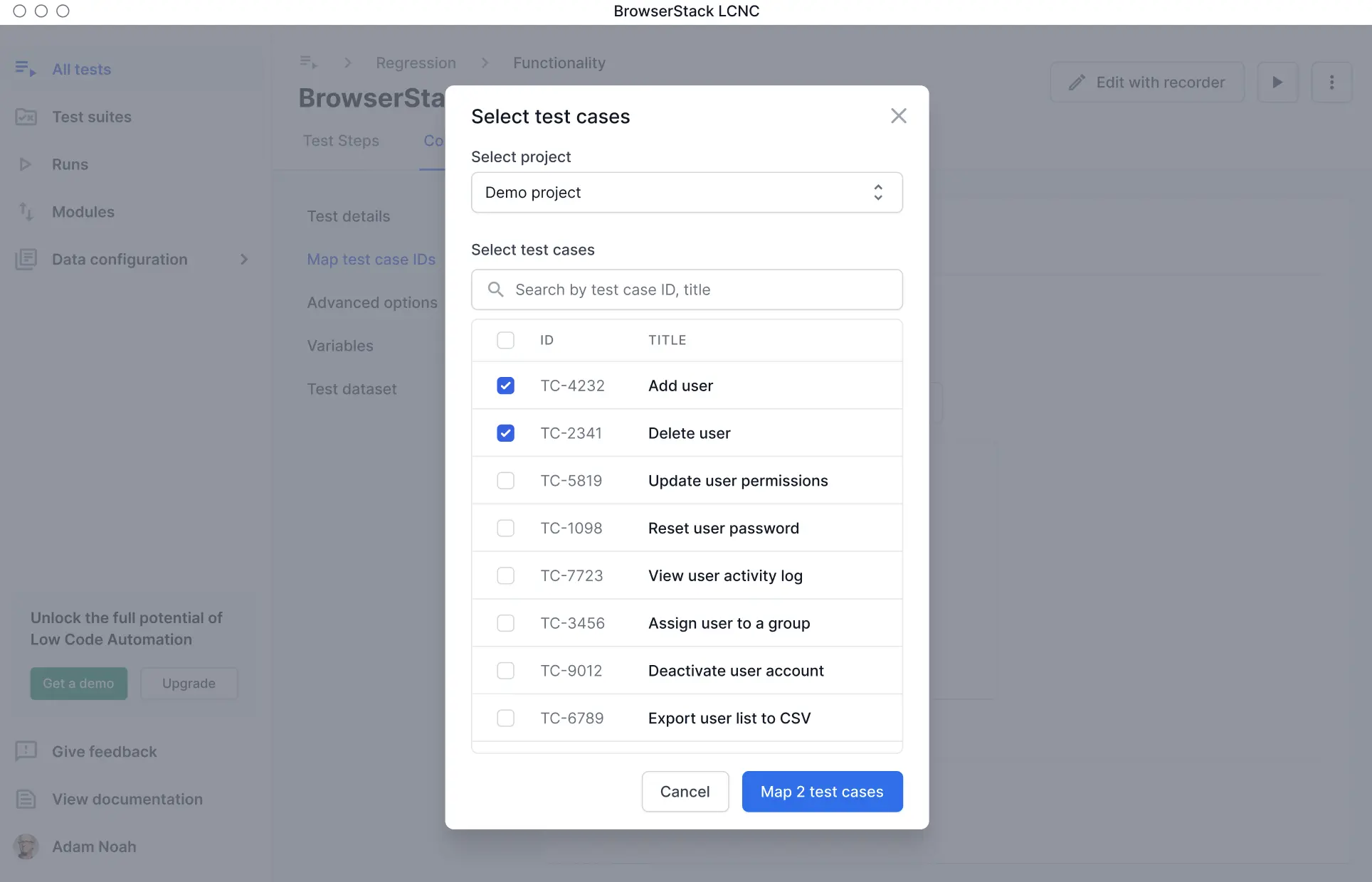 Test case selection dialog showing a list of test cases with checkboxes and titles.