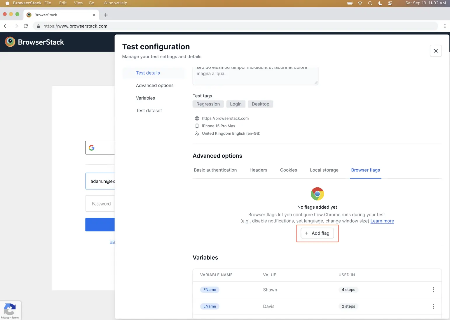 Low Code Automation recorder interface showing Advanced options expanded, Browser flags section highlighted, Add flag button highlighted.