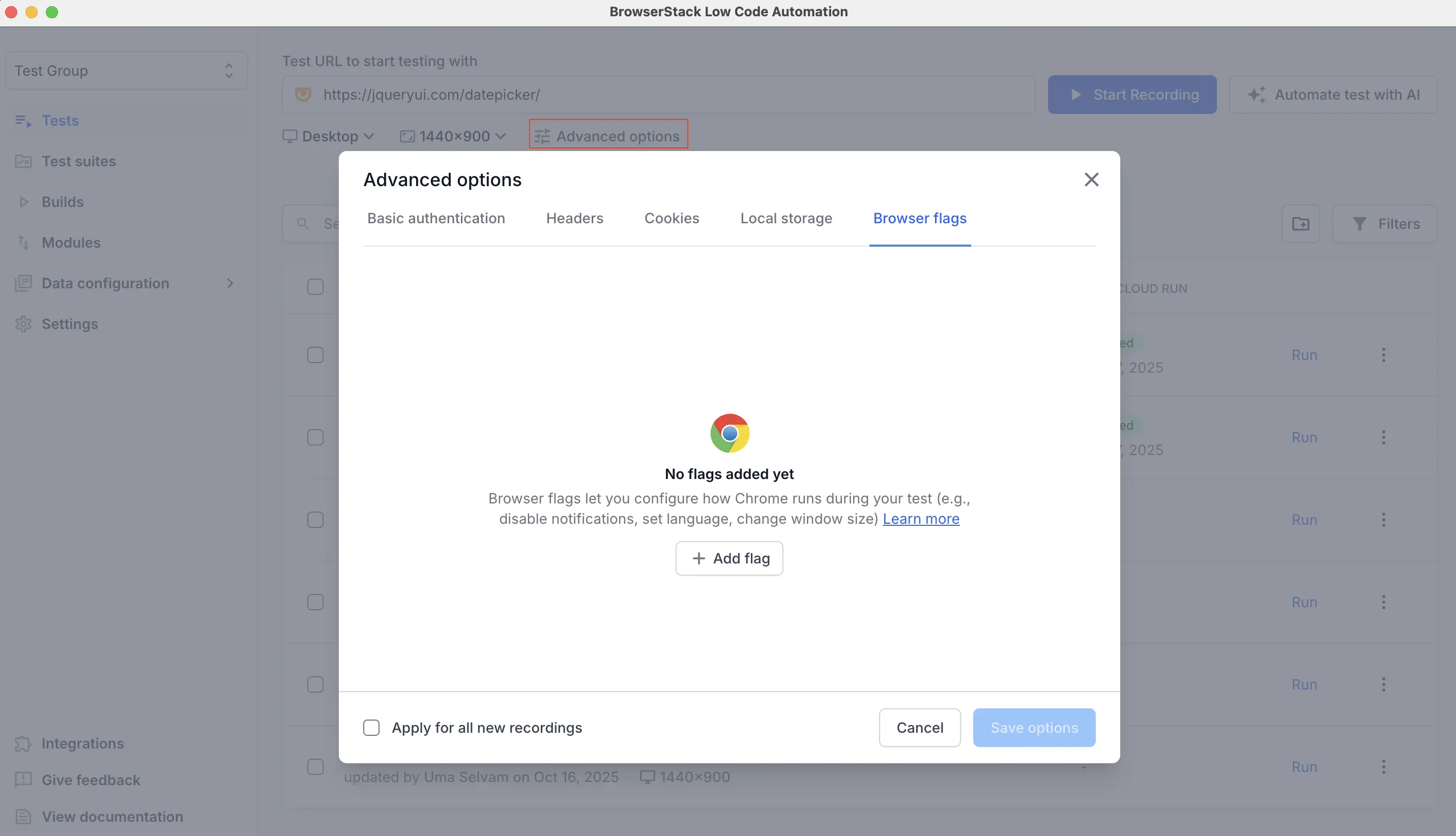 Screenshot of the Low Code Automation interface. The Advanced options window is open, highlighting the Browser flags section where you can add or modify browser flags.