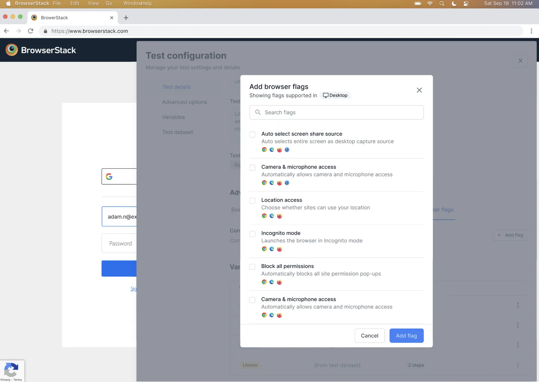 Low Code Automation interface showing available browser flag options, such as screen share, camera, and location access.