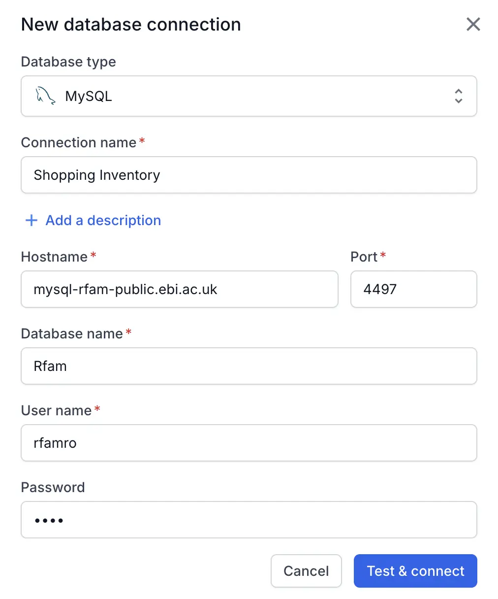 Enter the database details to establish a connection