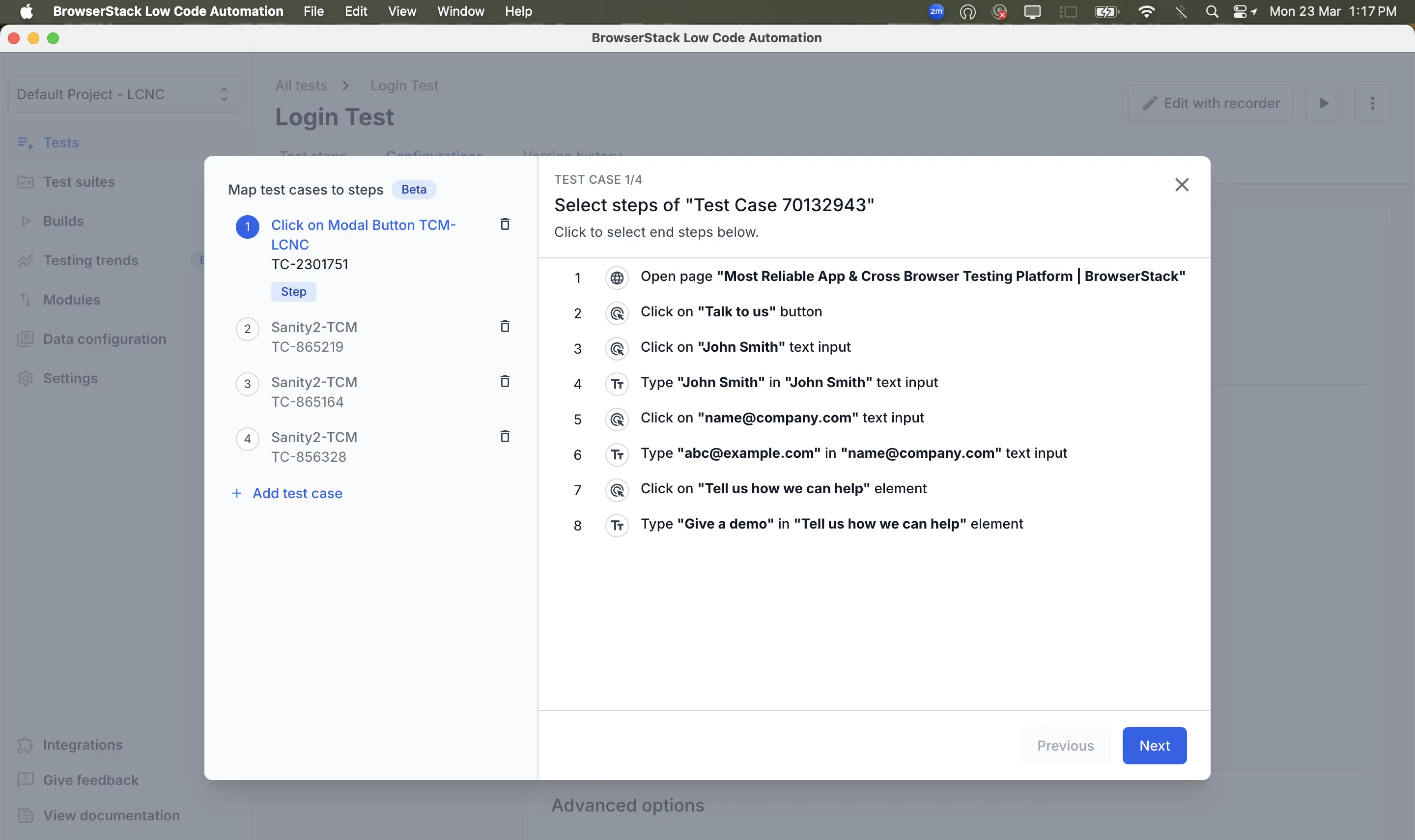 Test case mapping interface showing steps aligned with corresponding test cases
