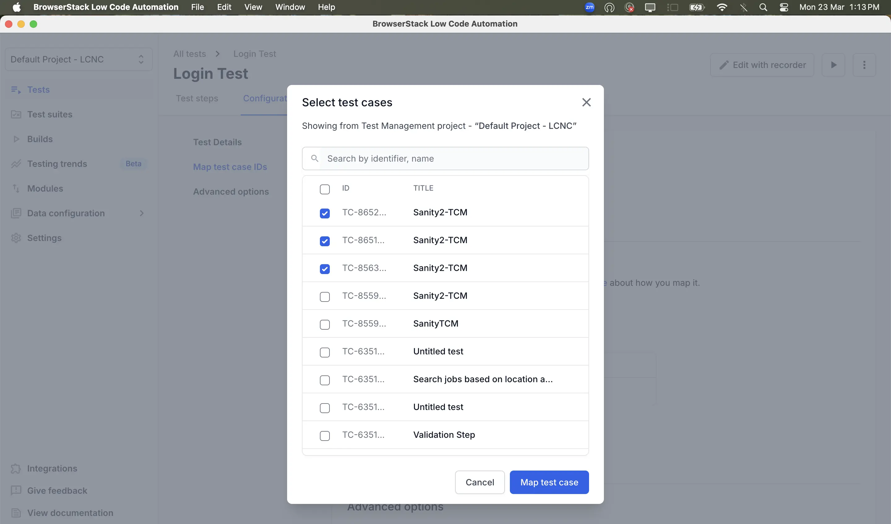 Dialog showing list of available test cases with selection checkboxes