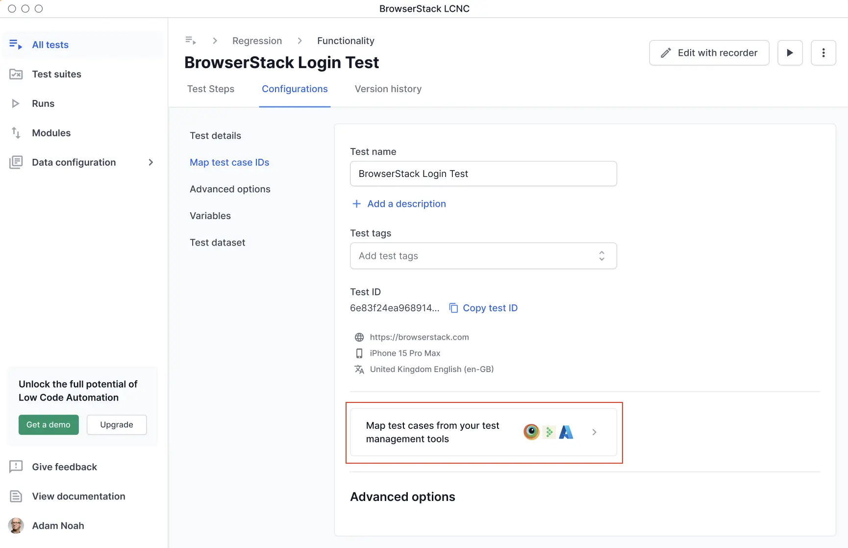 Test details and configurations tab in BrowserStack Low Code Automation, showing test name, tags, and Map test case IDs option.