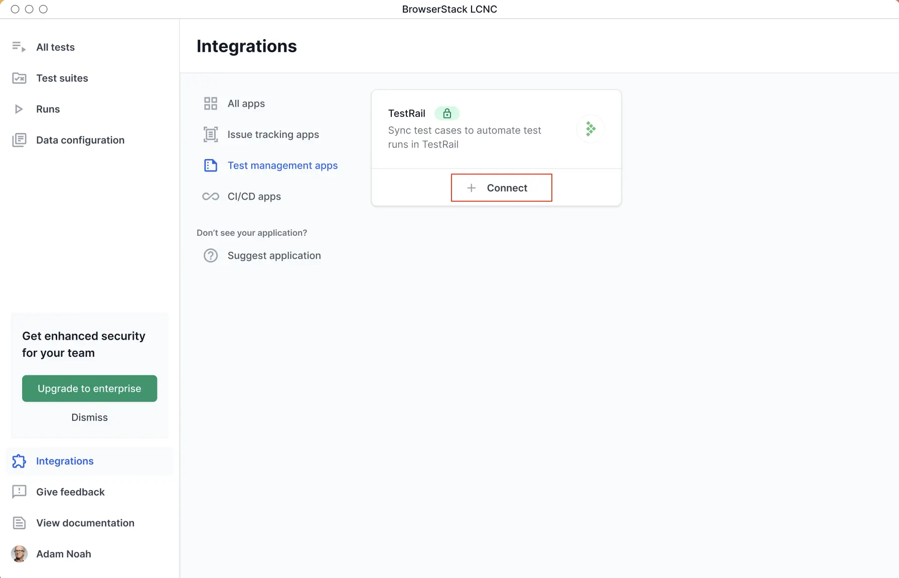 Connect TestRail from the integrations page.
