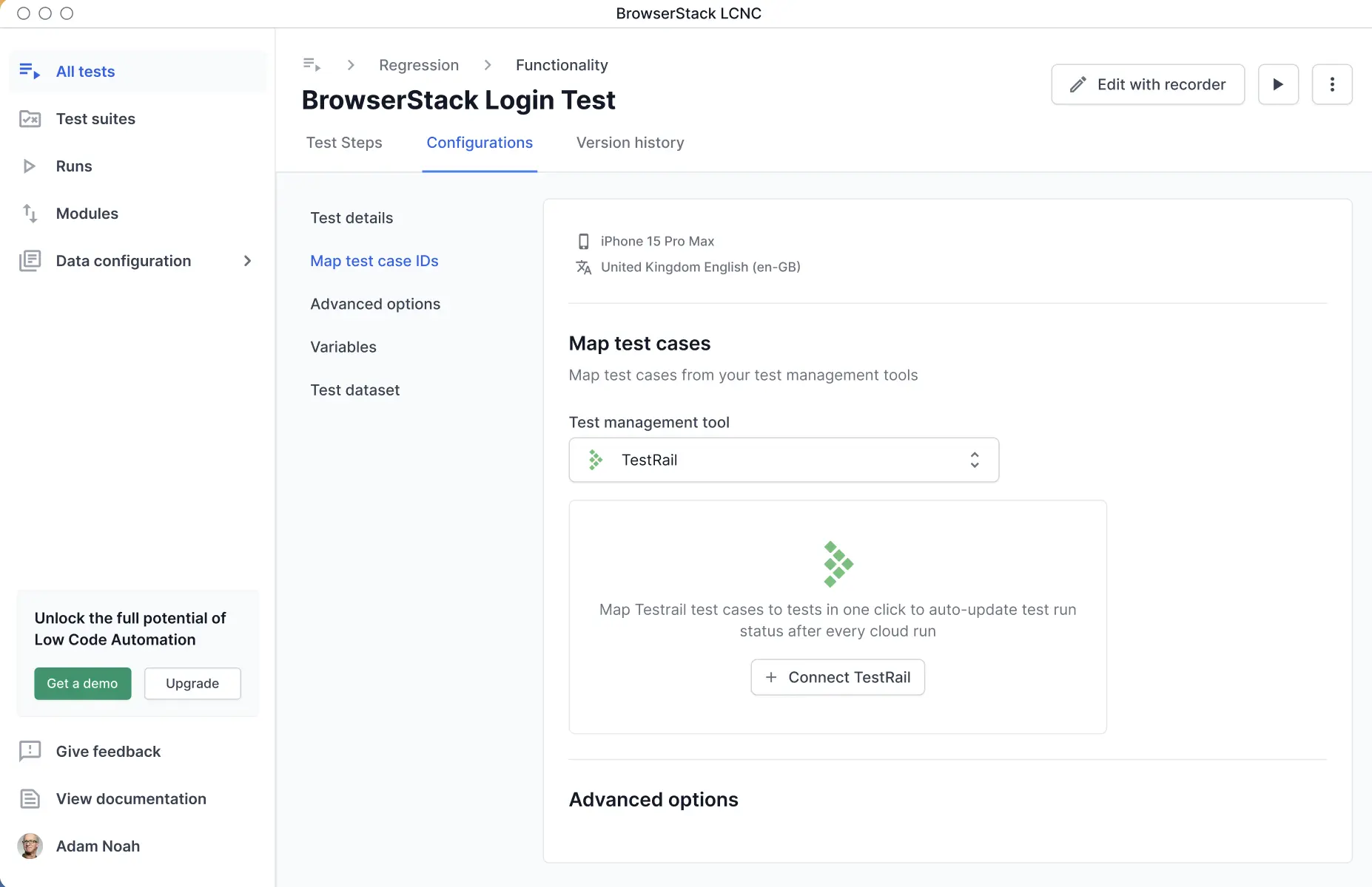 Integration dialog showing options to connect TestRail using OAuth or Personal access token.