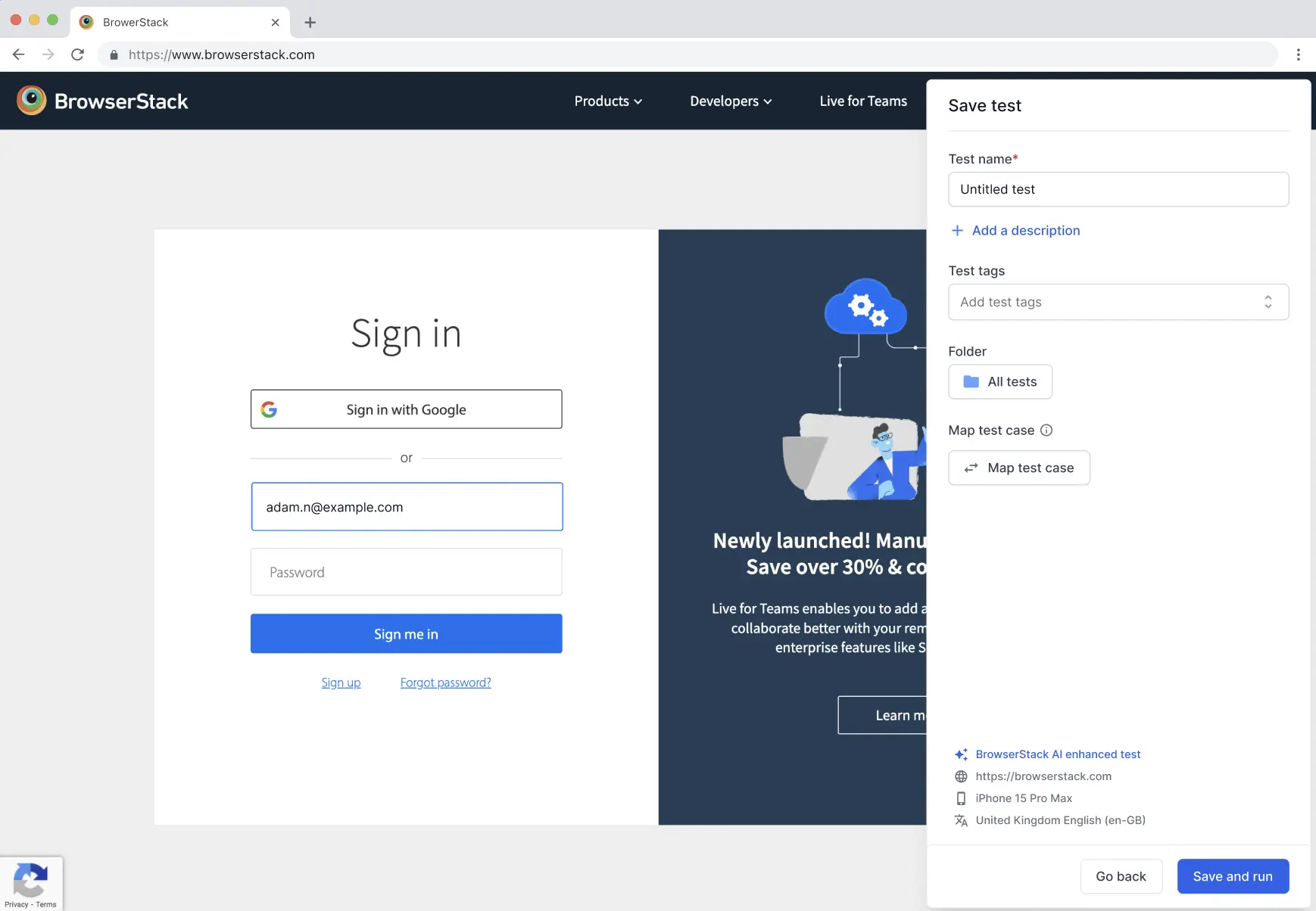TestRail mapping option in the recorder interface, showing integration controls and mapping settings.